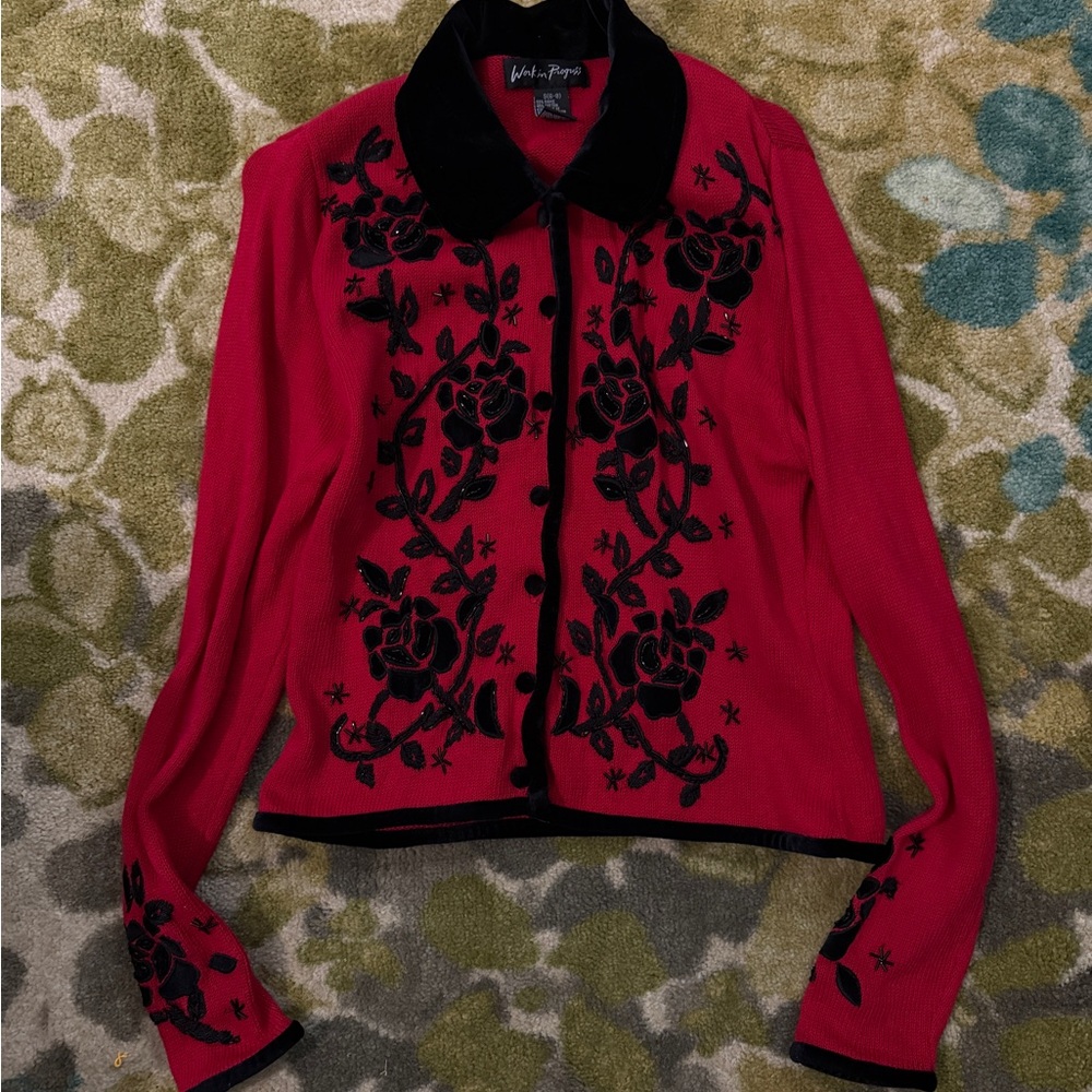 Vintage Velvet-Trim Red Embroidered Cardigan Jacket